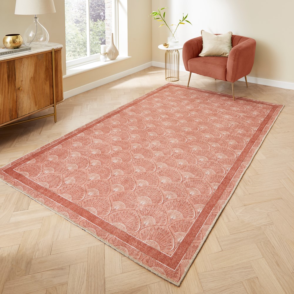 Deco Peacock Modern Washable Rugs by Catherine Lansfield in Terracotta Orange